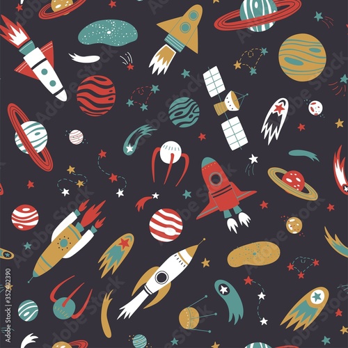 Vector seamless patterns with doodle space element. Colorful seamless background.