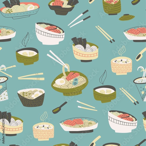 Seamless japanese food pattern. Hand drawn noodle illustration.