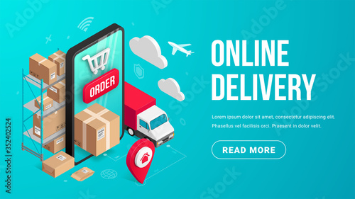 Delivery online isometric banner concept with smartphone, parcel box, truck, pin, storage shelves on blue background. Logistic order delivery service 3d vector illustration for web, mobile app, advert