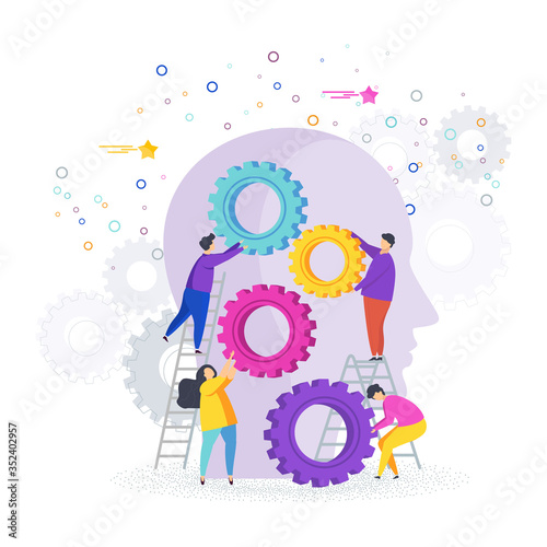 Small people collect gear in the human head. Flat vector illustration. photo