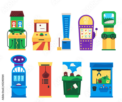 Set of vintage game slot machines or consoles, flat vector illustration isolated.