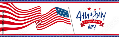 Waving American national flag with 4th of July independence day greeting. Star pattern on white background. Banner, web slider, postcard, etc. vector design.
