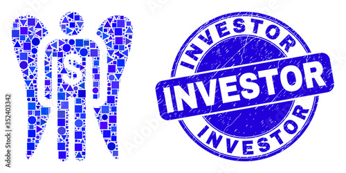 Geometric angel investor mosaic pictogram and Investor seal. Blue vector round distress seal with Investor message. Abstract composition of angel investor combined of round, triangles,