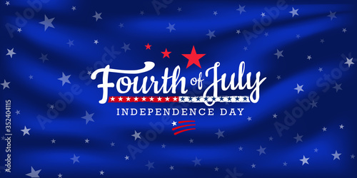 Fourth of July independence day greeting with a starburst on waving glossy fabric. Vector illustration.