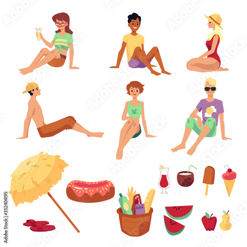 Summer picnic set with people and food icons, flat vector illustration isolated.
