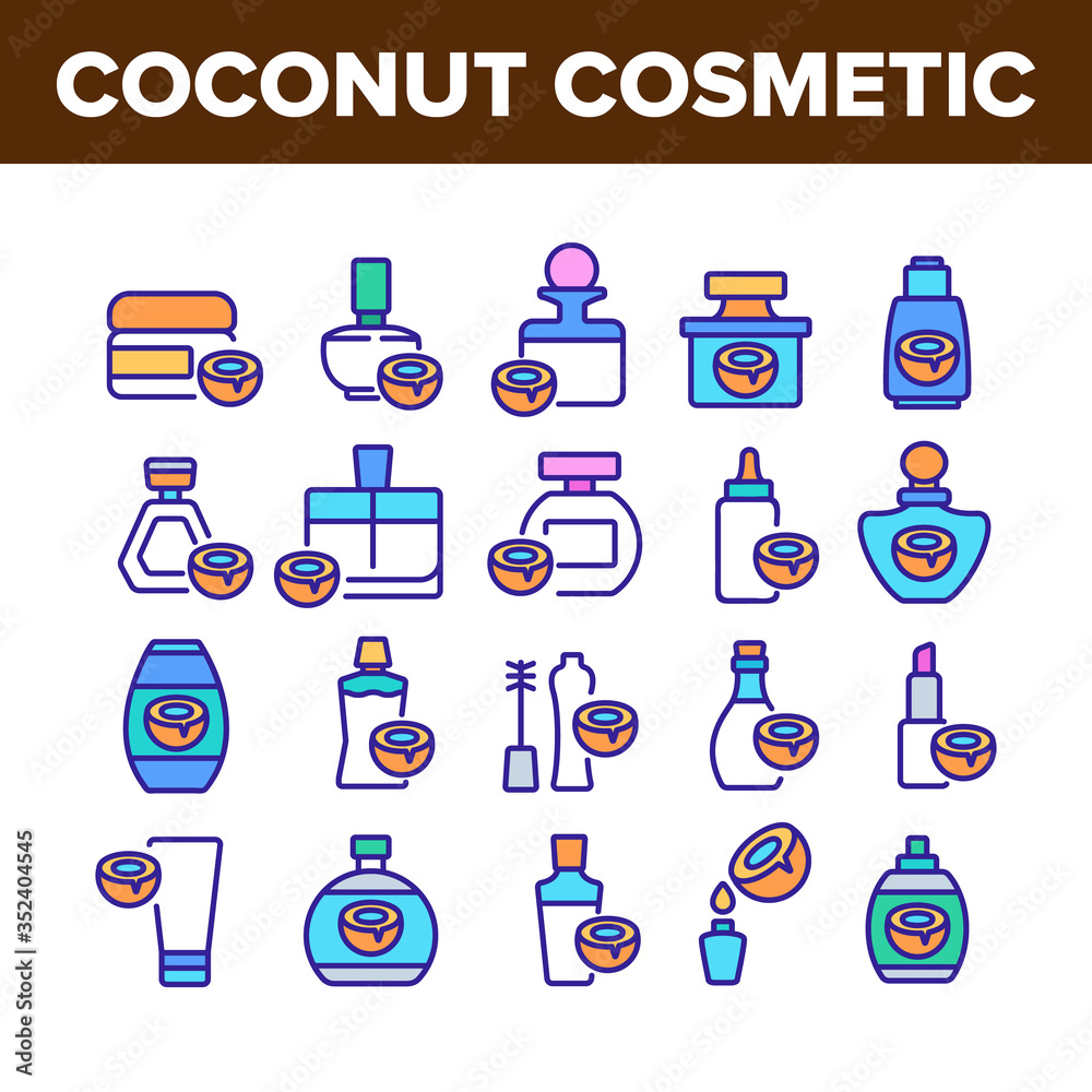 Coconut Cosmetic Pack Collection Icons Set Vector. Coconut Cream Packaging Bottles And Containers, Oil Drop And Lipstick Concept Linear Pictograms. Color Illustrations Coconut Cosmetic Pack Collection Icons Set Vector. Coconut Cream Packaging Bottles And Containers, Oil Drop And Lipstick Concept Linear Pictograms. Color Illustrations