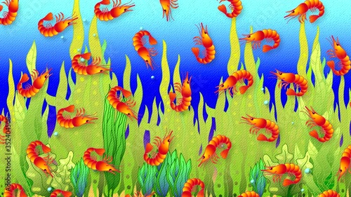 Red prawns swim horizontally spinning and moving claws and paws on a background of blue sea and algae. Animated paper footage with drawn characters.