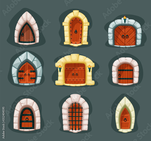 Door medieval set. Gothic wooden gate entrance with bars and round handle in stone facade, reinforced with iron strip, ancient historical architecture of castles, dungeons. Vector graphics.