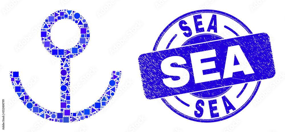 Geometric anchor mosaic pictogram and Sea seal stamp. Blue vector round textured seal stamp with Sea message. Abstract concept of anchor combined of circle, triangles, square geometric spots. Geometric anchor mosaic pictogram and Sea seal stamp. Blue vector round textured seal stamp with Sea message. Abstract concept of anchor combined of circle, triangles, square geometric spots.