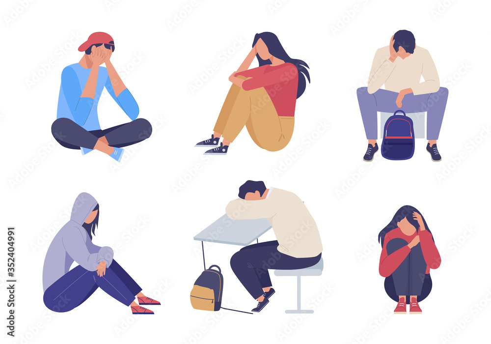 Sad depressed people. Unhappy young girl guy sitting sadness and despair, expression loneliness pain problems concern for future tired problems. Vector color clipart.