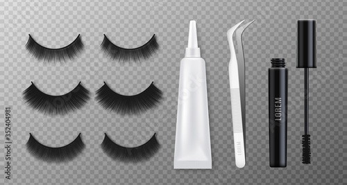 False eyelashes kit with clue  realistic mockup vector illustration isolated.