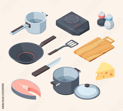 Cook kithhen set. Frying pan electric stove white cooking ladle pan lid yellow cheese red fish chunk knife pepper salt spatula wooden board stirring paddle art cooking menu. Elements vector graphic.