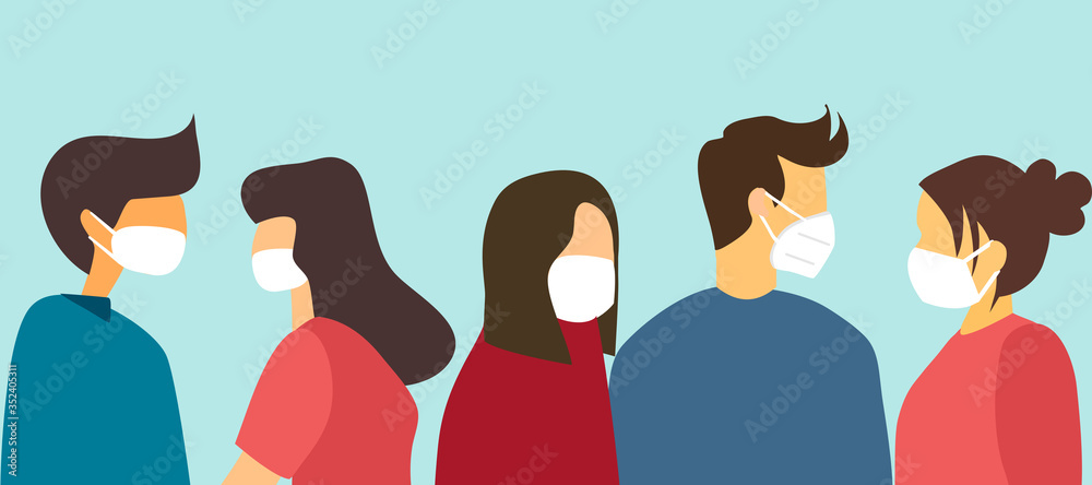 Obraz premium People wearing medical mask to prevent Covid-19 coronavirus disease pandemic outbreak. Covid-19 influenza infection of human health concept vector illustration. Healthcare in flat design.
