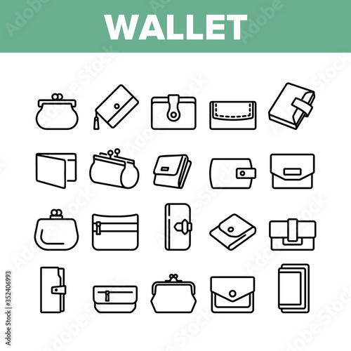 Wallet Accessory Cash Collection Icons Set Vector. Wallet In Different Style For Storaging Money And Coin, Credit Card And Document Concept Linear Pictograms. Monochrome Contour Illustrations