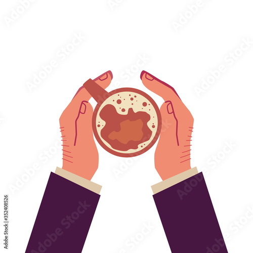 Upper view on hands holding cup of coffee, cartoon vector illustration isolated.