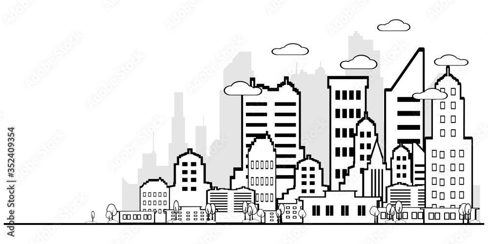 vector Thin line style city.Illustration of urban landscape street with Outline cityscape