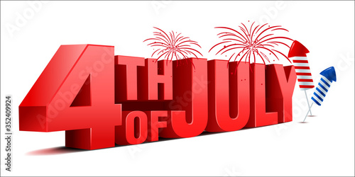 3D 4TH OF JULY, independence day with fireworks and firecrackers. Vector illustration isolated on white background.