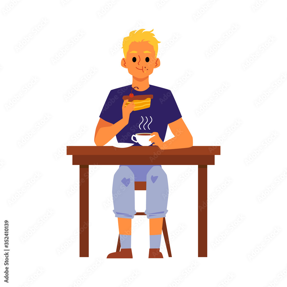 Man cartoon character eats sitting at table, flat vector illustration isolated.