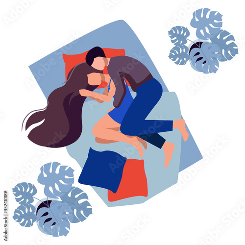 Cute sweet young couple lying in bed and cuddling. Sleep. Night. Characters guy and girl sleeping in bed.