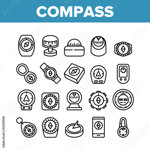 Compass Navigational Equipment Icons Set Vector. Compass Tool Application For Orienting Location And Direction Of Movement Concept Linear Pictograms. Monochrome Contour Illustrations