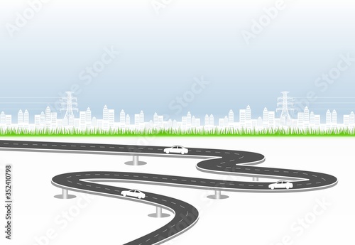 Roadway journey to the future. Asphalt street isolated on city background. Symbols Way to the goal of the end point. Path mean successful business planning Suitable for advertising and presentstation