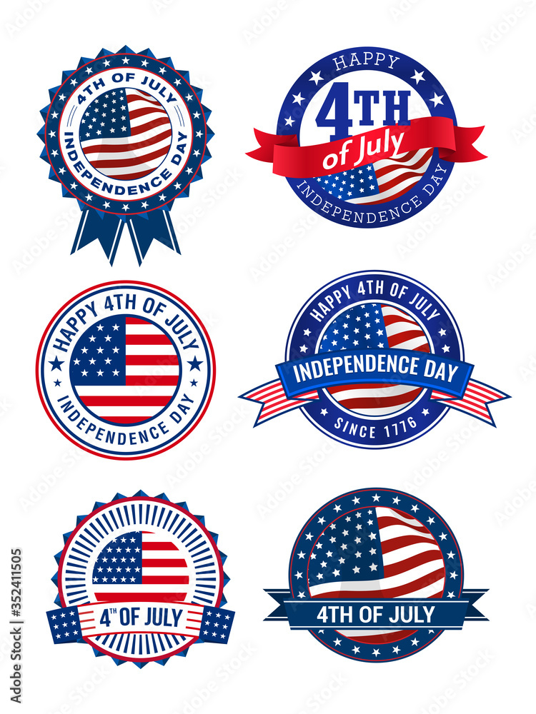 Happy 4th of July, American independence day 6 badges with ribbon and USA flag, isolated on white background. vector illustration. Happy 4th of July, American independence day 6 badges with ribbon and USA flag, isolated on white background. vector illustration.