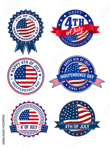 Happy 4th of July, American independence day 6 badges with ribbon and USA flag, isolated on white background. vector illustration.