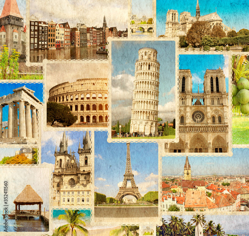 Vintage travel background with retro photos of european landmarks photo