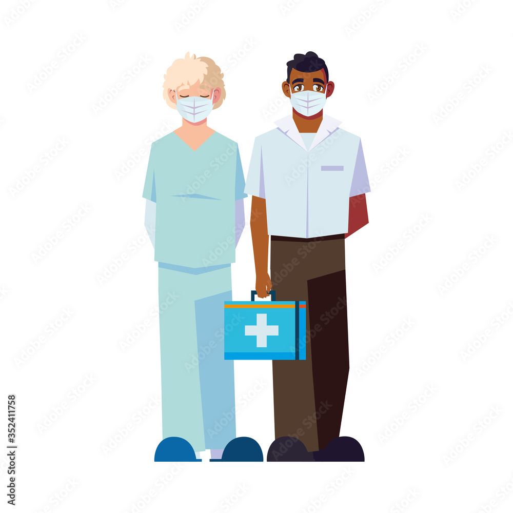 Men doctors with uniforms mask and kit vector design
