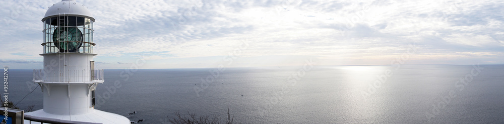 Panoramic photo of the lighthouse and the sea at dusk