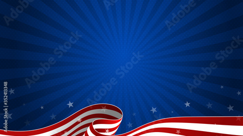 Trendy Fourth of July dark blue background with waving USA flag and starburst. 4th July greeting card, postcard, sale banner, discount banner template. Vector design.