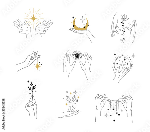 Set of modern simple magic drawings with crystals, stars, moon. Design elements for weddings, tattoos, trendy boho style. Vector linear illustration isolated on white background