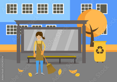 Woman janitor sweeping bus stop road from leaves with broom in flat design. Street cleaner character in city building background.