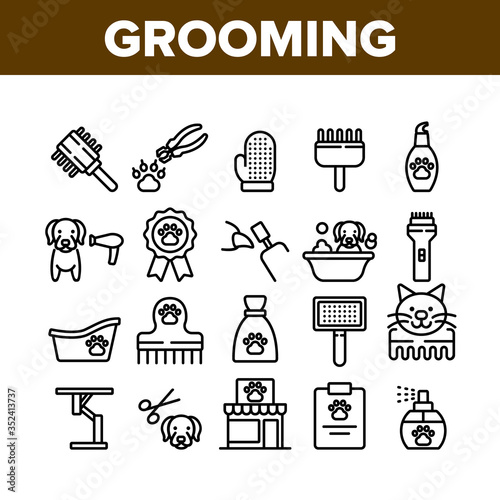Grooming Animal Tool Collection Icons Set Vector. Equipment For Grooming Pet Claws And Wool, Washing And Drying Dog, Pet Shop And Hairbrush Concept Linear Pictograms. Monochrome Contour Illustrations