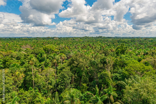 Aerial landscape of the Amazon Rainforest which comprise the countries of Brazil, Bolivia, Colombia, Ecuador, (French) Guyana, Peru, Suriname and Venezuela.