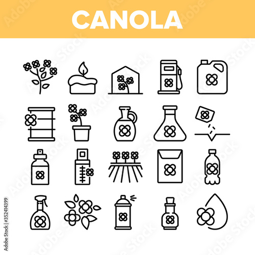 Canola Agricultural Collection Icons Set Vector. Canola Agriculture Flower Field And Pot, Oil And Spray, Greenhouse And Seeds Concept Linear Pictograms. Monochrome Contour Illustrations