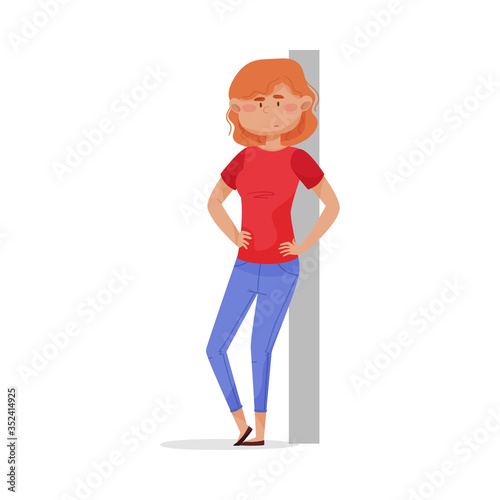 Young Red-haired Woman Leaning Against the Wall and Smiling Vector Illustration