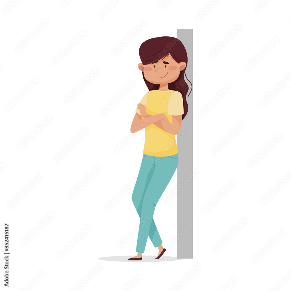 Dark-haired Woman with Crossed Arms Leaning Against the Wall and Smiling Vector Illustration Dark-haired Woman with Crossed Arms Leaning Against the Wall and Smiling Vector Illustration