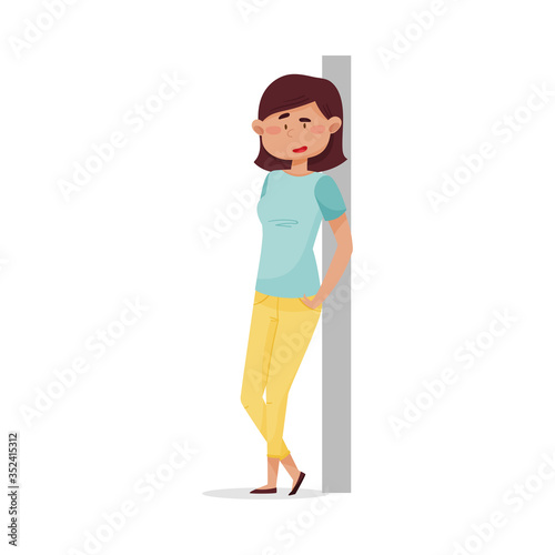 Dark-haired Woman with Her Hands in the Pockets Leaning Against the Wall and Smiling Vector Illustration