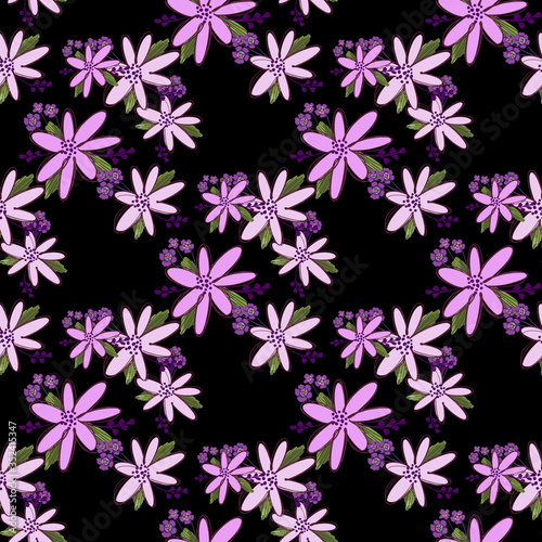 Simple cute floral bouquet vector pattern with small and medium flowers and leaves.