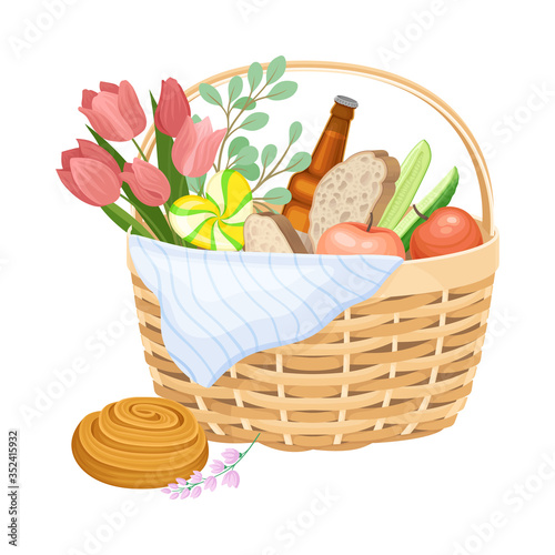 Wicker Picnic Basket or Hamper Full with Foodstuff Vector Illustration