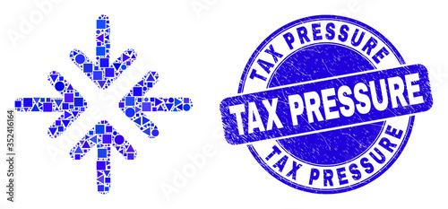 Geometric meeting point arrows mosaic pictogram and Tax Pressure seal. Blue vector round scratched seal with Tax Pressure phrase. Abstract mosaic of meeting point arrows designed of circle, triangles,