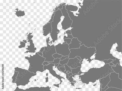 Map Europe vector. Gray similar Europe map blank vector on transparent background. Gray similar Europe map with borders of all countries and Turkey, Israel, Armenia, Georgia, Azerbaijan. EPS10.