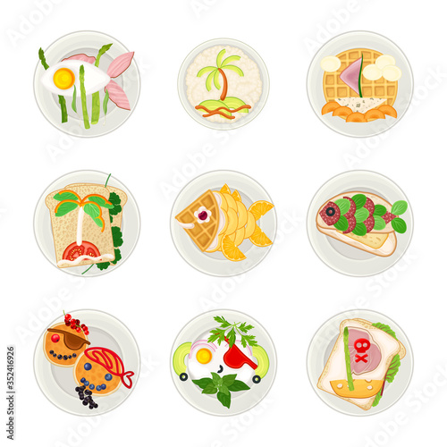 Food Arranged in the Shape of Pirate and Fish on Plate Above View Vector Illustration