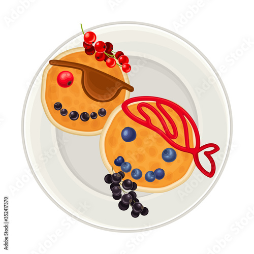 Pancakes with Berries and Jam Arranged in the Shape of Pirate Faces on Plate Above View Vector Illustration