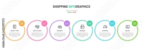 Concept of shopping process with 6 successive steps. Six colorful graphic elements. Timeline design for brochure, presentation, web site. Infographic design layout.