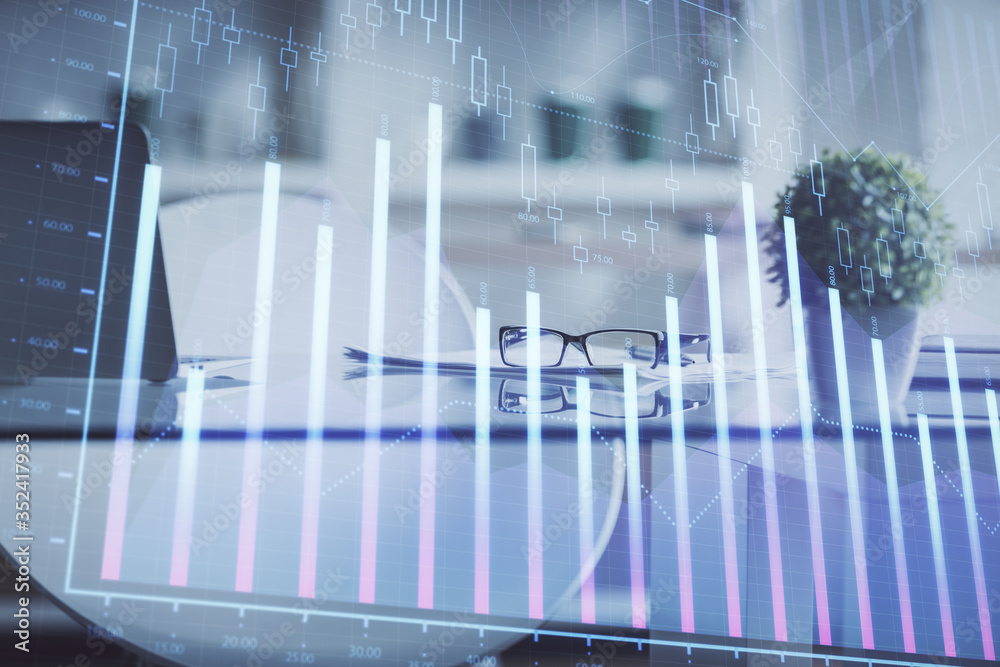 Double exposure of financial graph drawing and office interior background. Concept of stock market. Double exposure of financial graph drawing and office interior background. Concept of stock market.