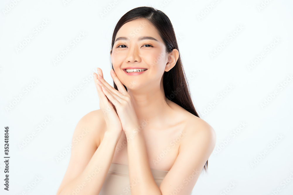 Beautiful Young Asian Woman touching her clean face with fresh Healthy Skin, isolated on white background, Beauty Cosmetics and Facial treatment Concept Beautiful Young Asian Woman touching her clean face with fresh Healthy Skin, isolated on white background, Beauty Cosmetics and Facial treatment Concept