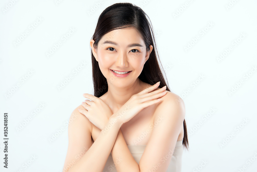 Beautiful Young Asian Woman touching her body with fresh Healthy Skin, isolated on white background, Beauty Cosmetics and Facial treatment Concept. Beautiful Young Asian Woman touching her body with fresh Healthy Skin, isolated on white background, Beauty Cosmetics and Facial treatment Concept.