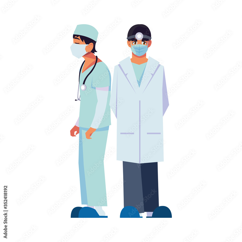 Men doctors with uniforms and masks vector design